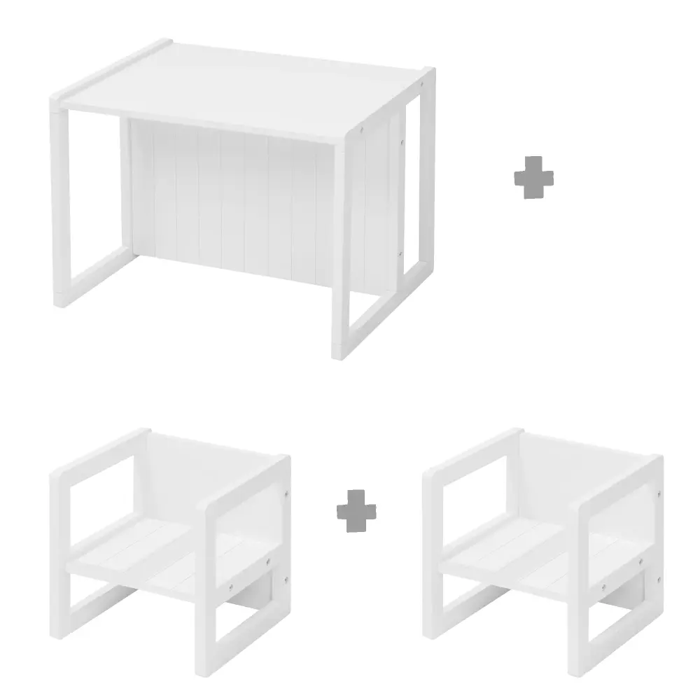 Conjunto de asientos estilo casa de campo para niños, 2 taburetes y un banco transformable en mesa para niños, blanco