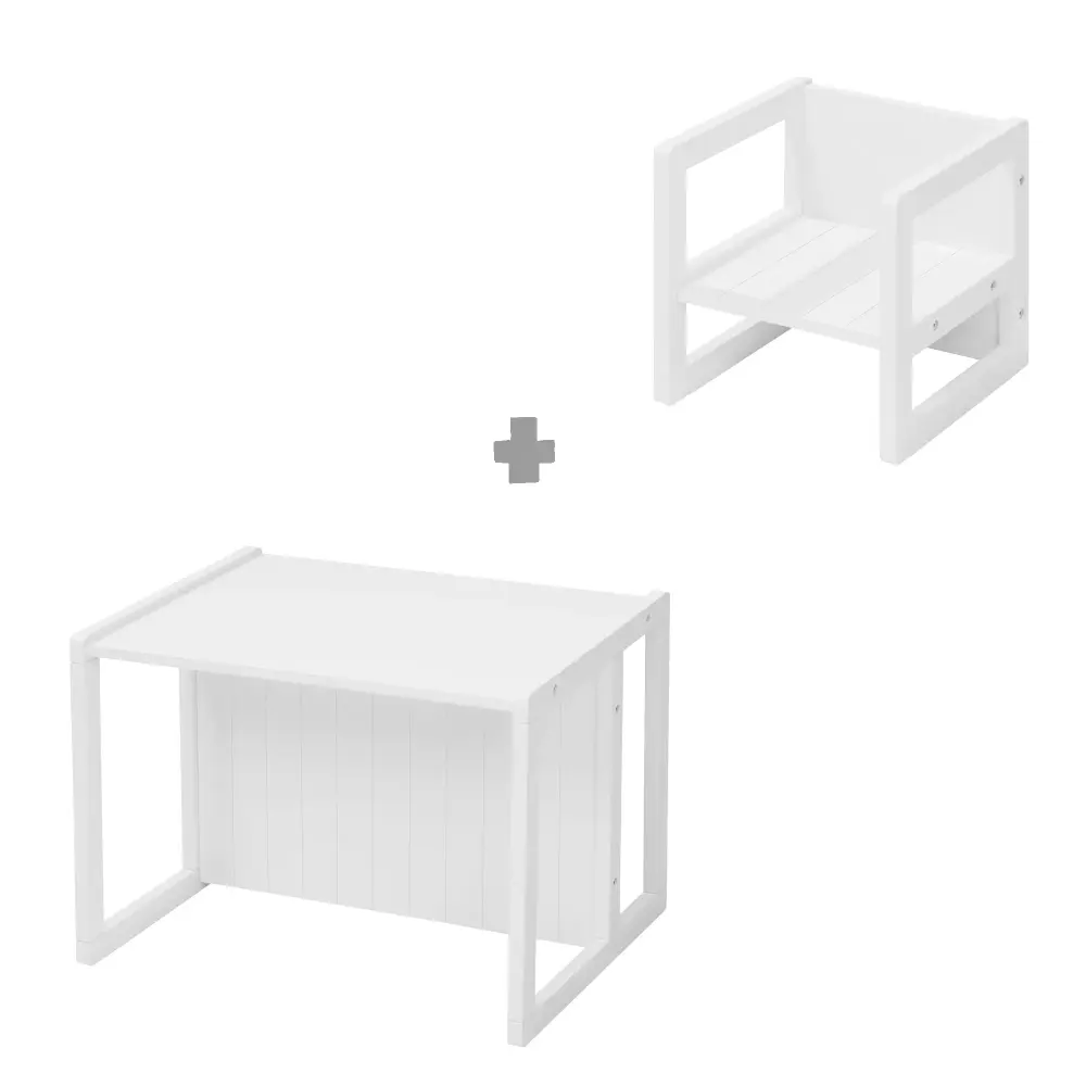 Grupo de asientos para niños en estilo casa de campo, taburetes + mesa, muebles giratorios en blanco