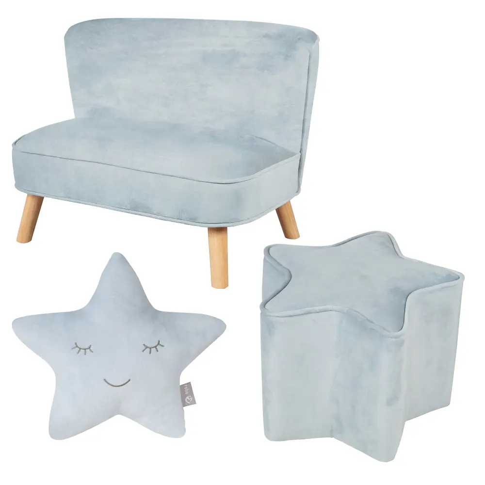 Paquete 'Lil Sofa' cuenta con sofá infantil, puff con forma de estrella y cojín decorativo estrella en azul claro/sky