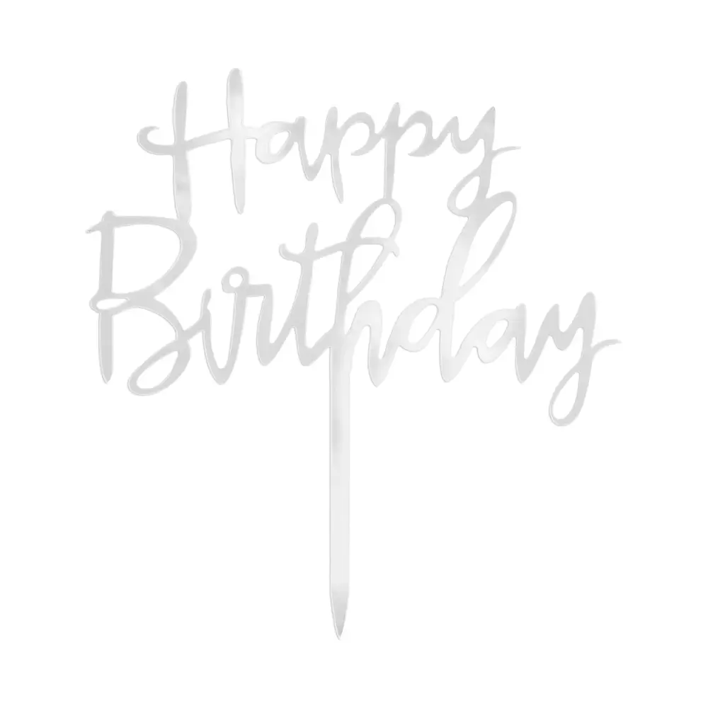 Adorno para tarta Happy Birthday, espejo plateado, 1 ud.