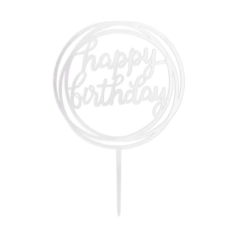 Adorno para tarta Happy Birthday, redondo, plateado espejo, 1 ud.