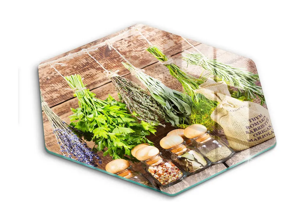 Tabla de cocina de cristal hexagonal, 40 cm Hierbas, especias y madera