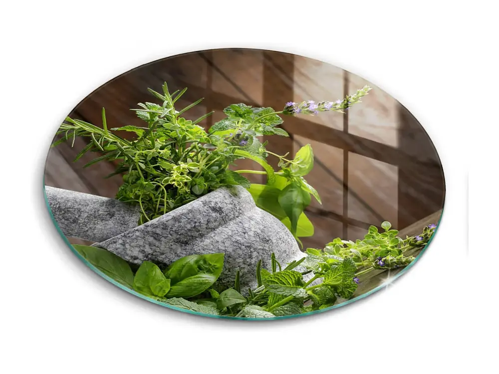 Tabla de cocina redonda de cristal, 40 cm Plantas, hierbas y madera