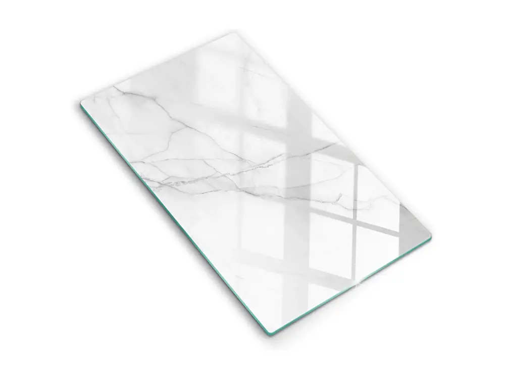 Tablero de cocina rectangular de cristal, 30x52 cm. Mármol blanco delicado.