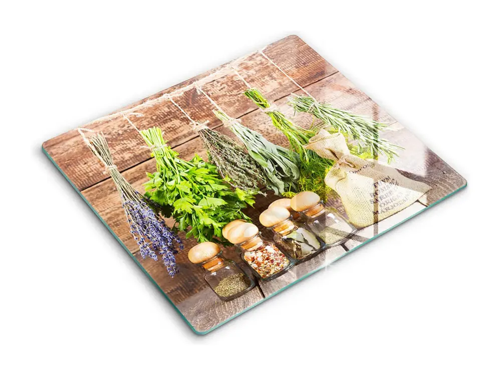 Tablero de cocina rectangular de cristal, 60x52 cm Hierbas, especias y madera