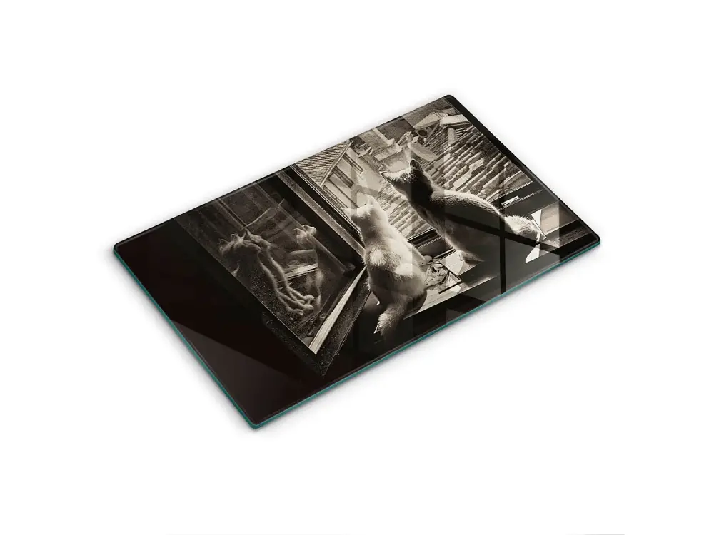 Tablero de cocina rectangular de vidrio, 52x30 cm Gatos ciudad y ventana