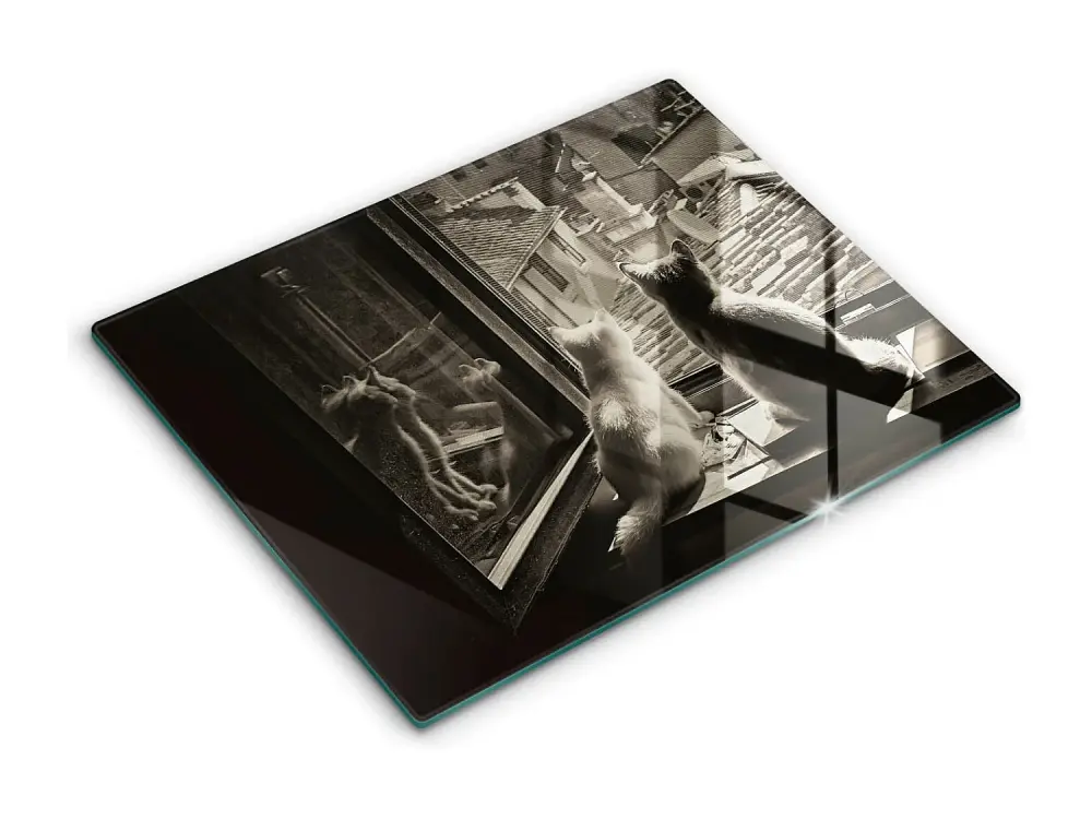 Tablero de cocina rectangular de vidrio, 52x40 cm Gatos ciudad y ventana