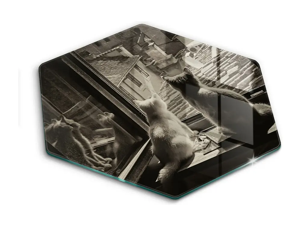 Tablero de cocina de vidrio hexagonal, 40 cm Gatos ciudad y ventana