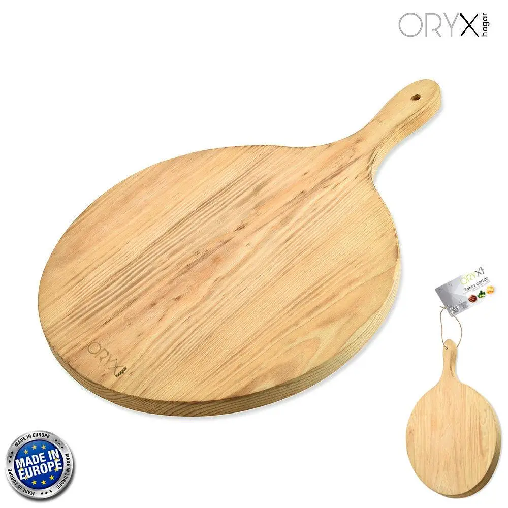 Abre Botellas Tabla Cortar Madera De Pino Redonda 44x30x2 cm. Con Mango