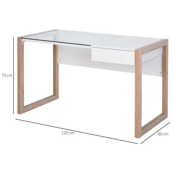 Escritorio Homcom con tablero de vidrio templado blanco/natural 75x120x60 cm