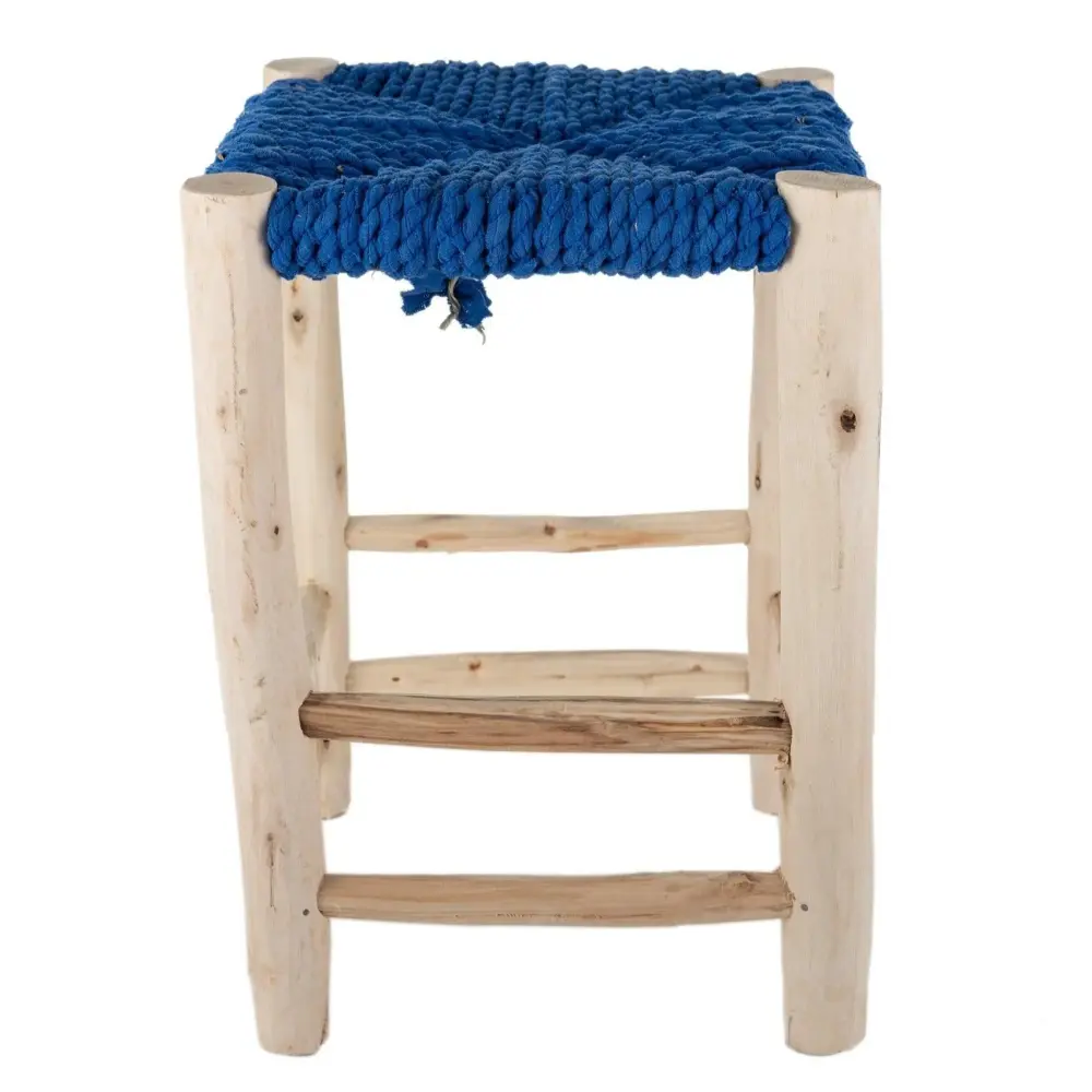 Mueble para Consolas Taburete marroquí de madera y anea azul