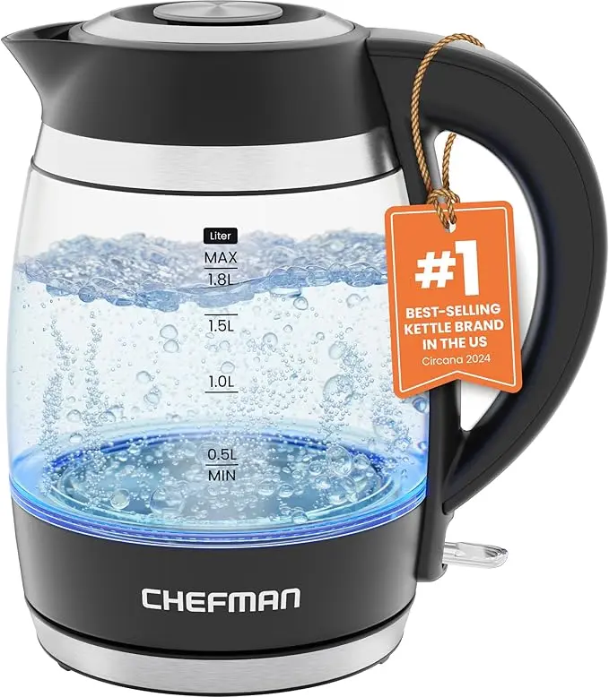 Chefman Hervidor Eléctrico de Vidrio Negro 1.8L, 1500W, Ebullición Rápida en 3 Min, Luces LED