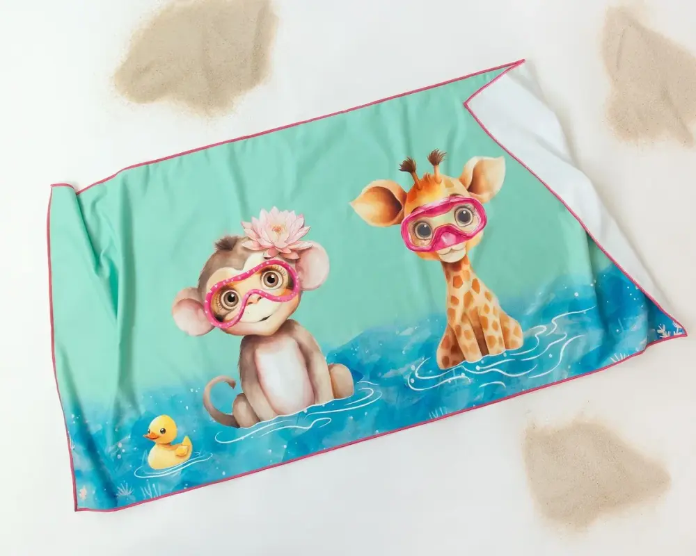 Algodón Egipcio Premium KIOKIDS TOALLA PLAYA MICROFIBRA TURQUESA CON ANIMALES
