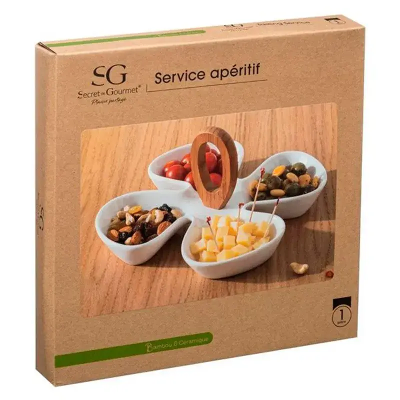 Plato de aperitivo Secret de Gourmet porcelana blanco/madera 12x28x28 cm