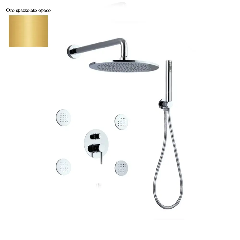 Juego de ducha compuesto por cabezal Vienna, 4 bodyjet, ducha y adaptable y desviador de 3 vías oro cepillado