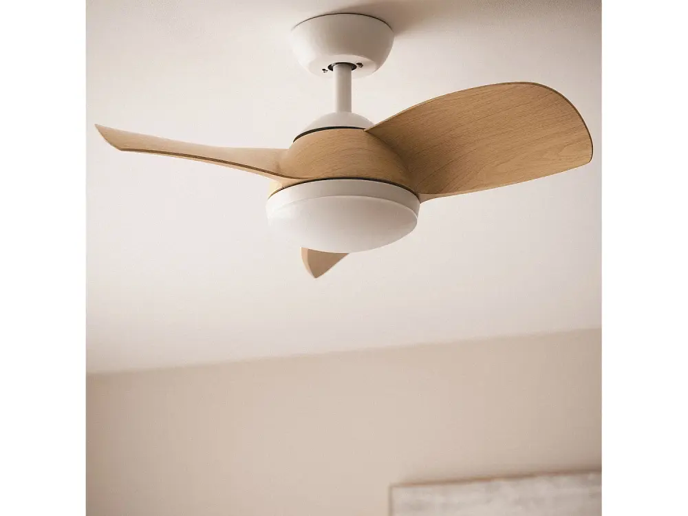 TechBrey Ventilador de Techo Silencioso Poros 76cm Motor DC Blanco , Aspas: Madera , Con Luz , Controlador de Pared + Mand...