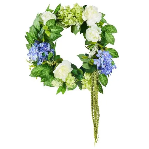 23 Inch Blue and White Menta Hydrangeas Roses Year Round Artificial Decorative Wreath WA53361