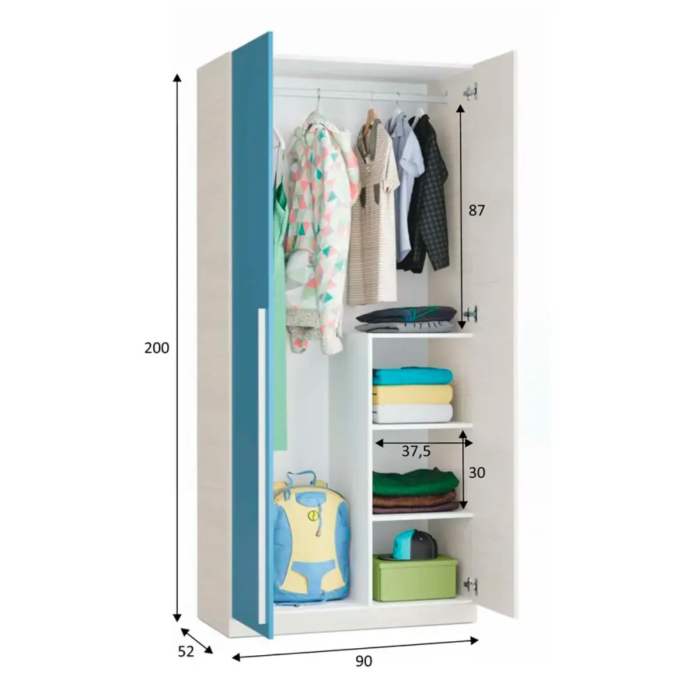 Armario Wic 2 puertas + 3 estantes + barra para colgar blanco Alpes/azul 200x90x52 cm